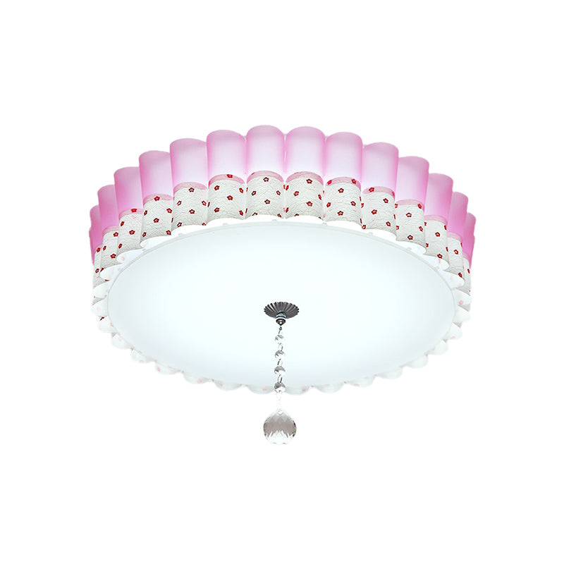 Pink Drum Flush Mount Ceiling Light with Acrylic LED, Wavy Trim, and Crystal Ball - Pastoral Bedroom Lighting