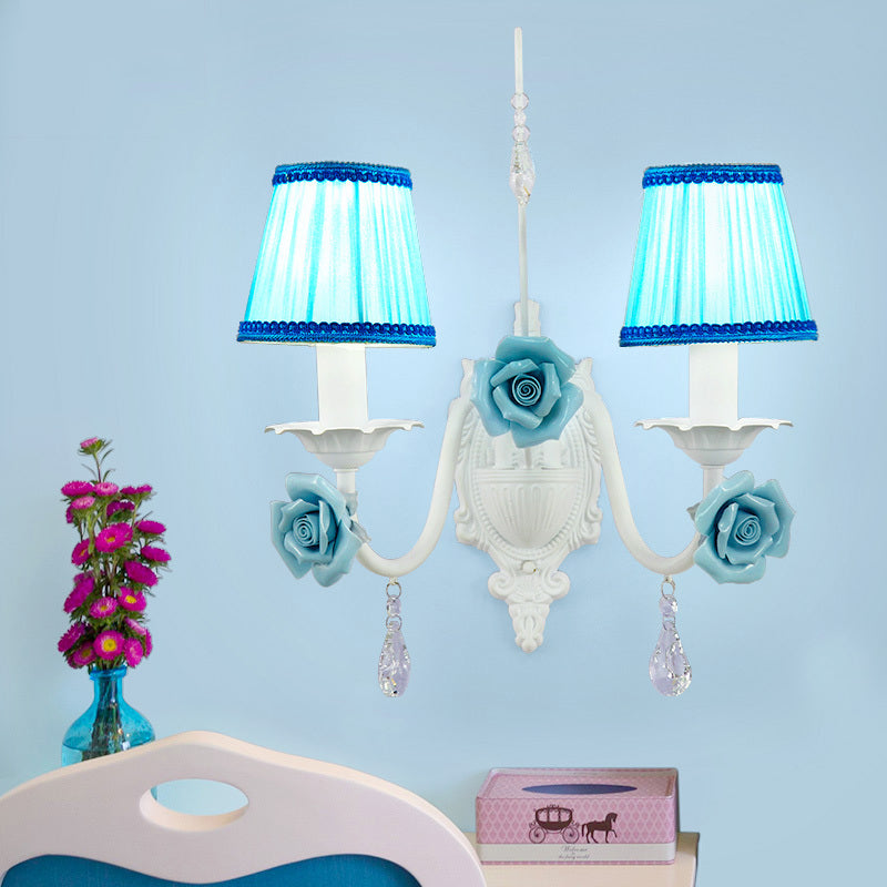 Romantic White Fabric Cone Wall Sconce with Crystal Drop