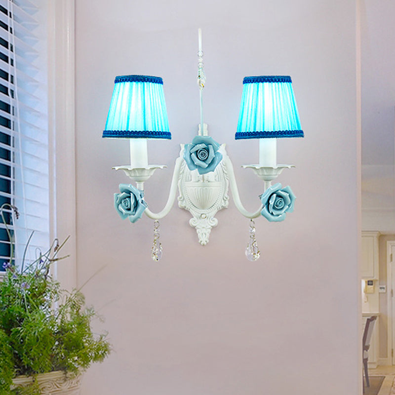 Romantic White Fabric Cone Wall Sconce with Crystal Drop
