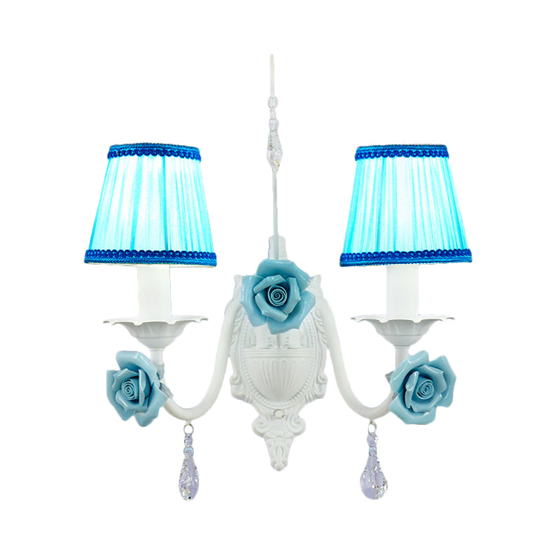 Romantic White Fabric Cone Wall Sconce with Crystal Drop