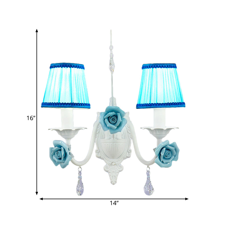 Romantic White Fabric Cone Wall Sconce with Crystal Drop