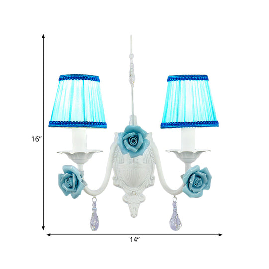 Romantic White Fabric Cone Wall Sconce with Crystal Drop