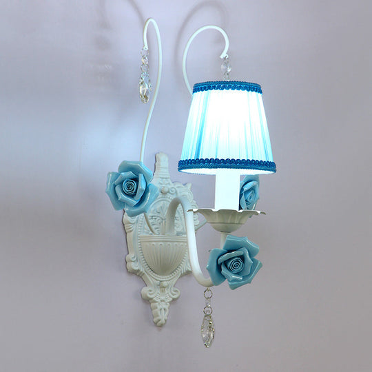 Romantic White Fabric Cone Wall Sconce with Crystal Drop