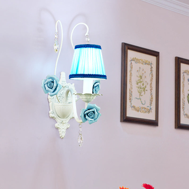 Romantic White Fabric Cone Wall Sconce with Crystal Drop