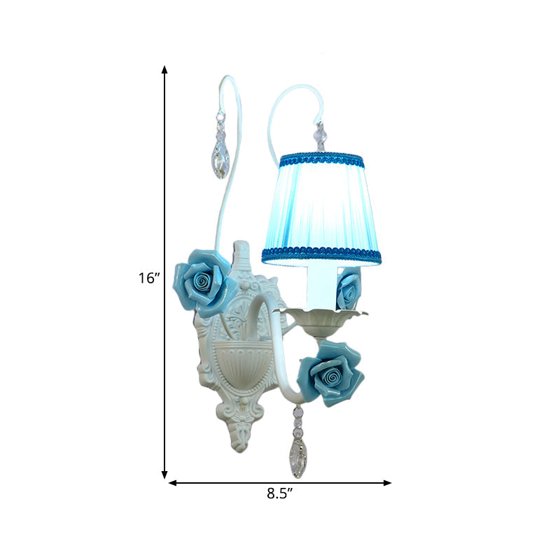 Romantic White Fabric Cone Wall Sconce with Crystal Drop