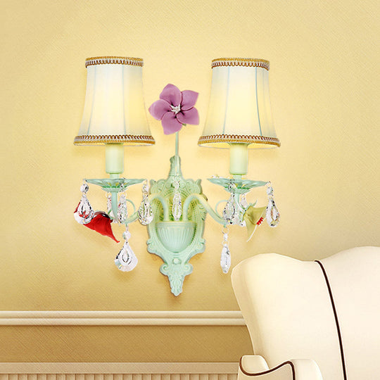 Pastoral Flared Wall Light with Crystal Accent - Light Blue Fabric Sconce Lamp (2 Bulbs)