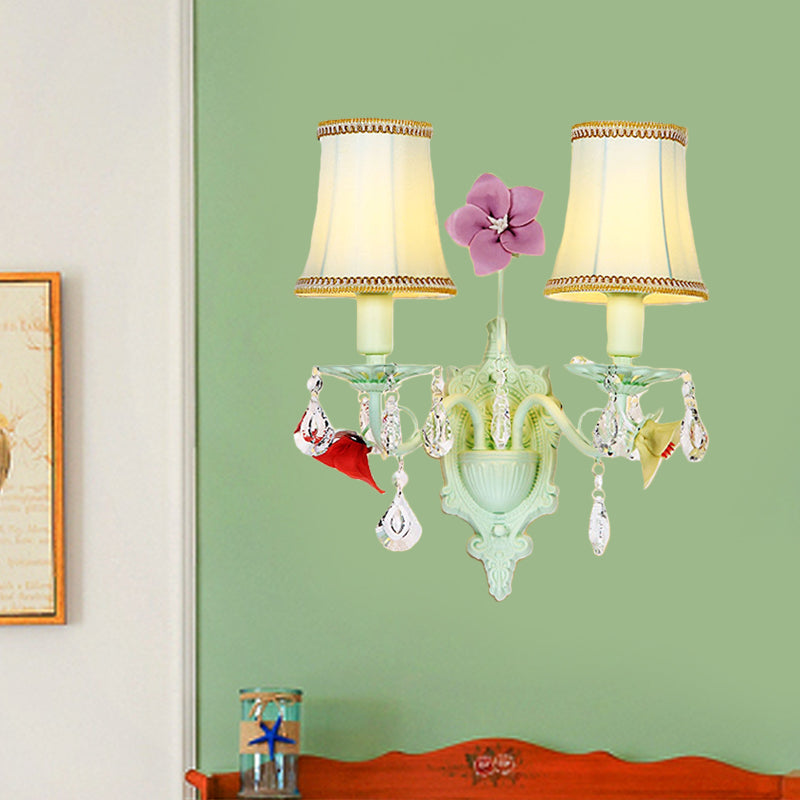 Pastoral Flared Wall Light with Crystal Accent - Light Blue Fabric Sconce Lamp (2 Bulbs)