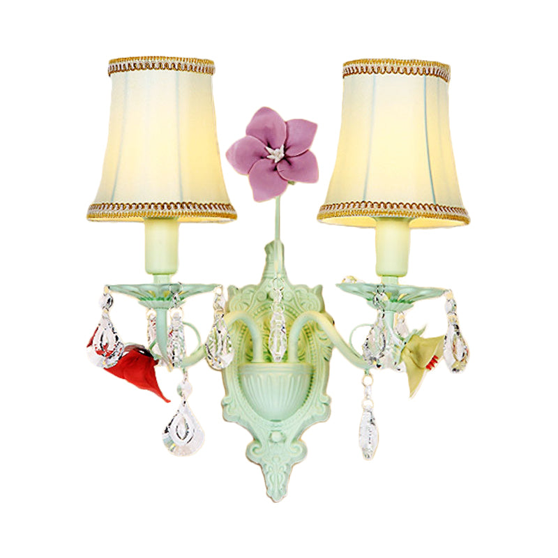 Pastoral Flared Wall Light with Crystal Accent - Light Blue Fabric Sconce Lamp (2 Bulbs)