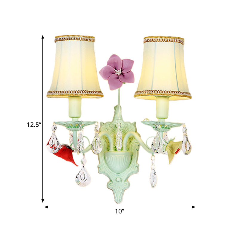 Pastoral Flared Wall Light with Crystal Accent - Light Blue Fabric Sconce Lamp (2 Bulbs)