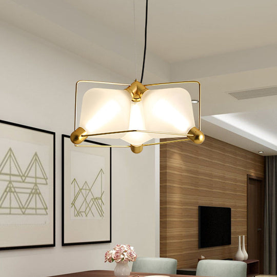Contemporary Opal Glass Diamond Chandelier - Gold LED Hanging Ceiling Light with Frame, 3 Bulbs, Warm/White Light