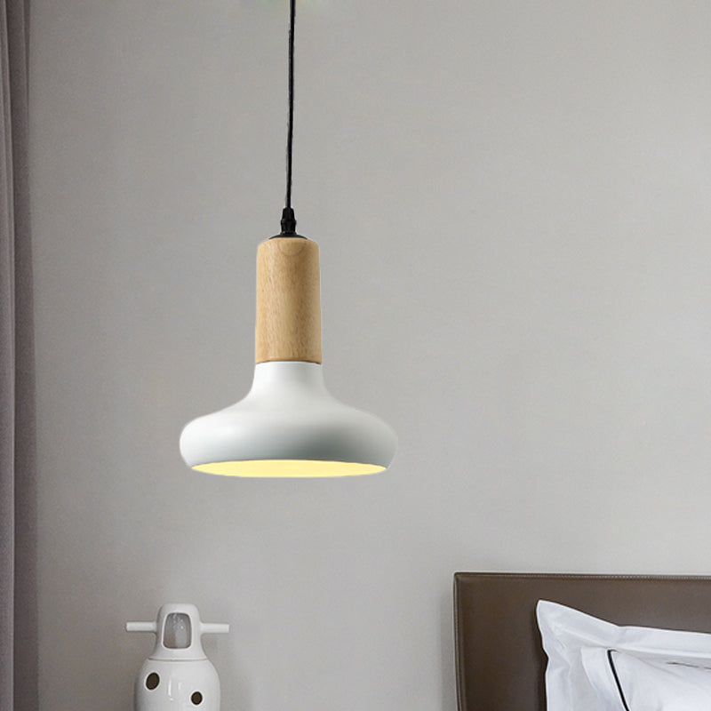 Nordic Metallic Urn Shaped Hanging Pendant Light Fixture - 1 Head White Drop with Wood Cap Tube