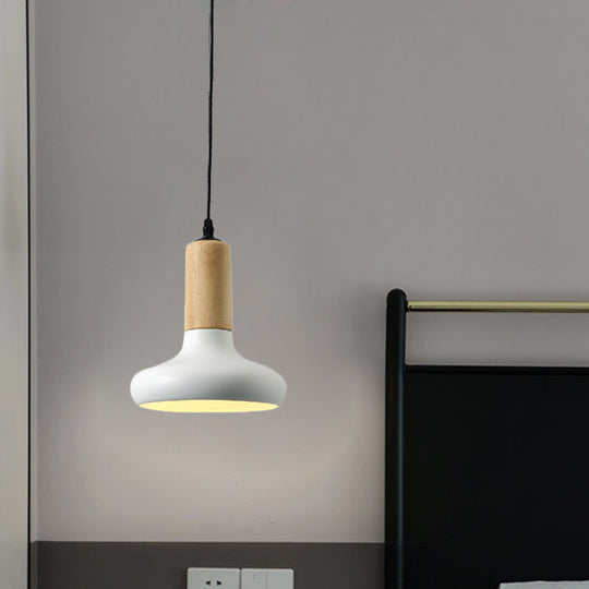 Nordic Metallic Urn Shaped Hanging Pendant Light Fixture - 1 Head White Drop with Wood Cap Tube