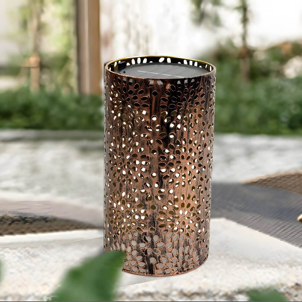 7.3-Inch Metal Cut-Out Solar Outdoor Lantern with Warm White LED