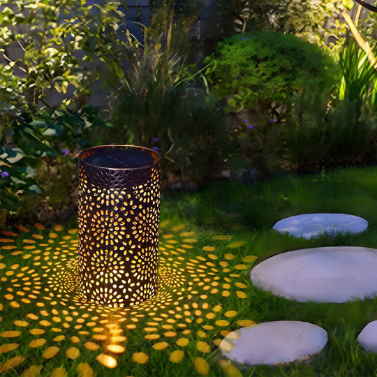 7.3-Inch Metal Cut-Out Solar Outdoor Lantern with Warm White LED