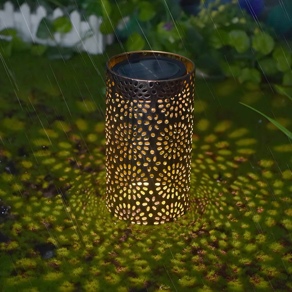 7.3-Inch Metal Cut-Out Solar Outdoor Lantern with Warm White LED