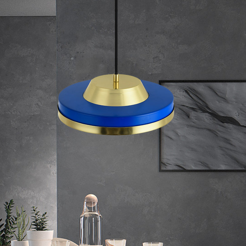 Modern Metal LED Pendant Lighting in Blue and Brass for Bedroom Ceiling - 1 Head Flying Saucer Design