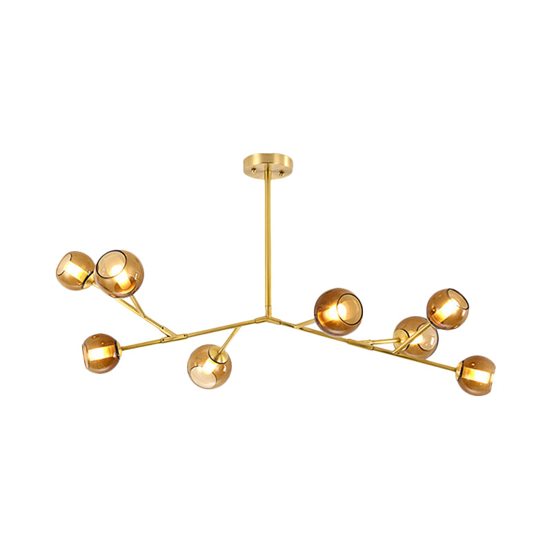 Modern 8-Bulb Brass Chandelier Ceiling Light with Amber Glass Shades