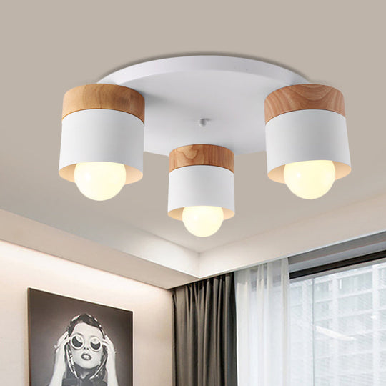 Modern Nordic Iron Cylinder Flush Mount Fixture with Wood Top - White, 3 Bulb Ceiling Flush for Bedroom