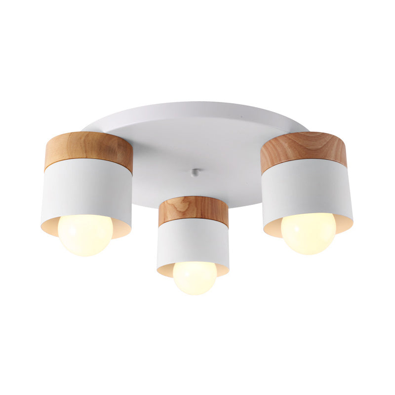 Modern Nordic Iron Cylinder Flush Mount Fixture with Wood Top - White, 3 Bulb Ceiling Flush for Bedroom