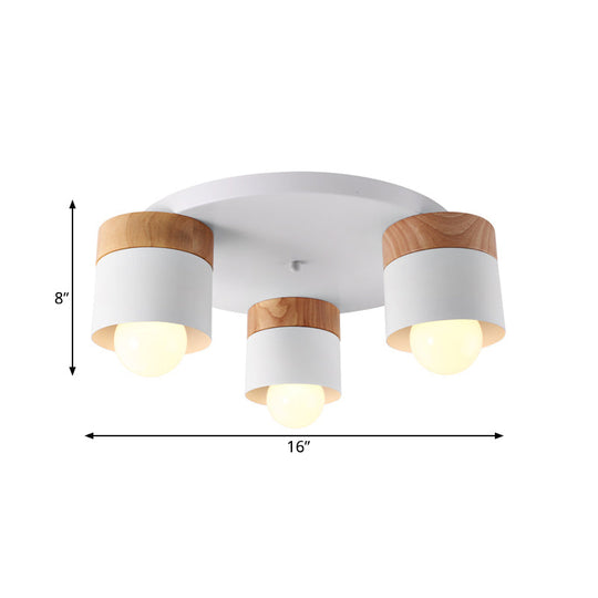 Modern Nordic Iron Cylinder Flush Mount Fixture with Wood Top - White, 3 Bulb Ceiling Flush for Bedroom