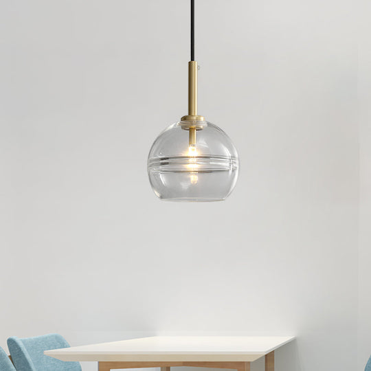 Modern Brass Pendant Lamp Kit with Clear/Smoke Gray Ruffle Glass Shade - 1 Light for Living Room