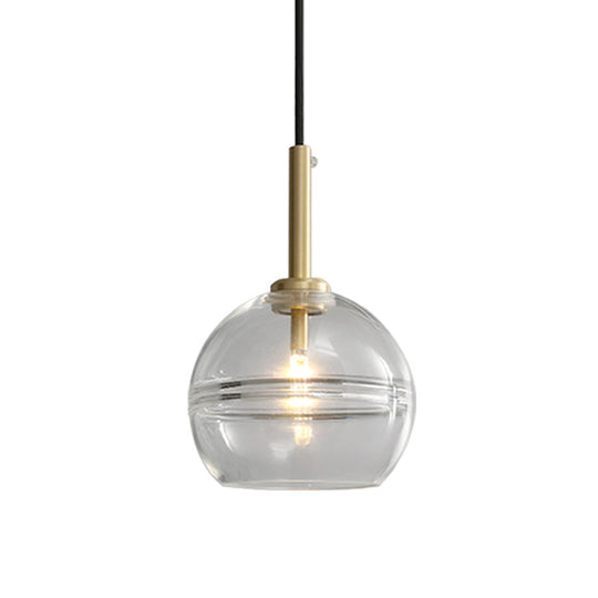Modern Brass Pendant Lamp Kit with Clear/Smoke Gray Ruffle Glass Shade - 1 Light for Living Room