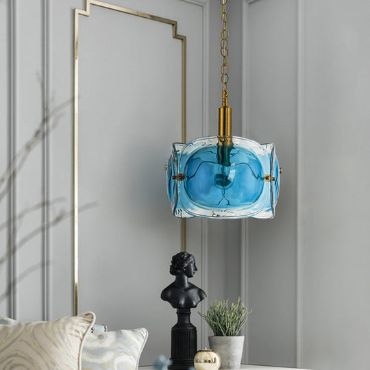 Modern Brass Pendant Lamp Kit | 1-Bulb Restaurant Ceiling Lighting with Blue Water Glass Shade