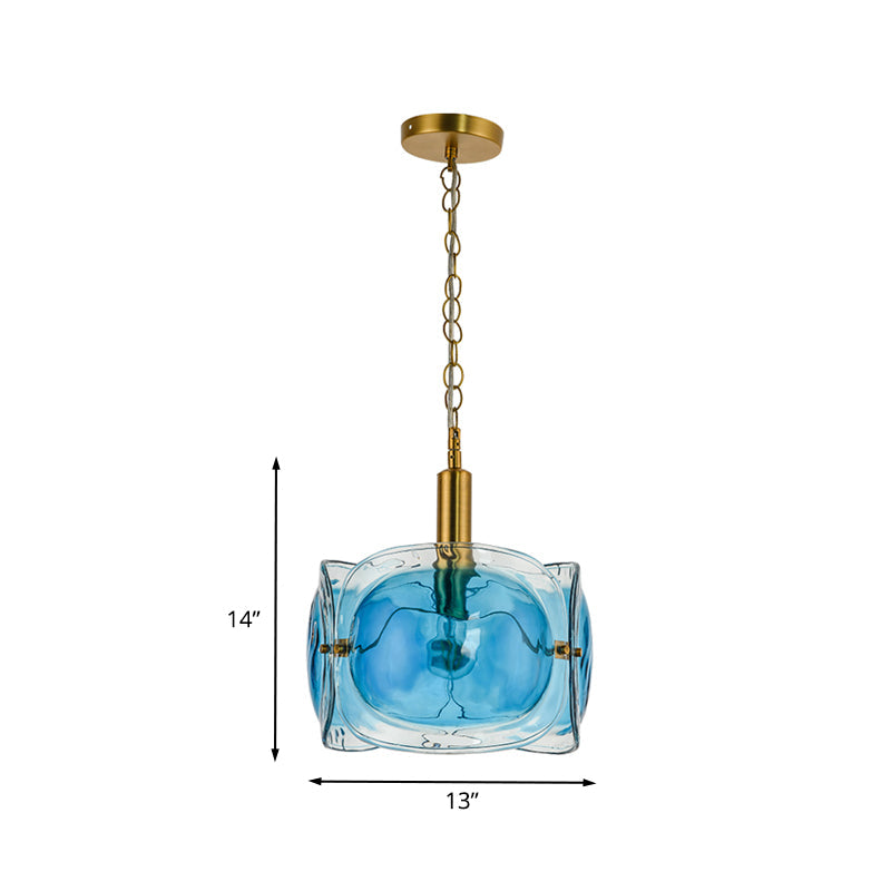 Modern Brass Pendant Lamp Kit | 1-Bulb Restaurant Ceiling Lighting with Blue Water Glass Shade