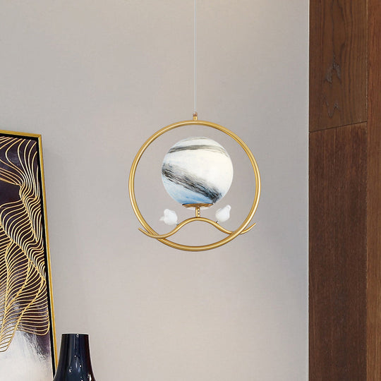 Post Modern Gold Hanging Lamp with Planet Glass Shade and Bird Deco Pendant