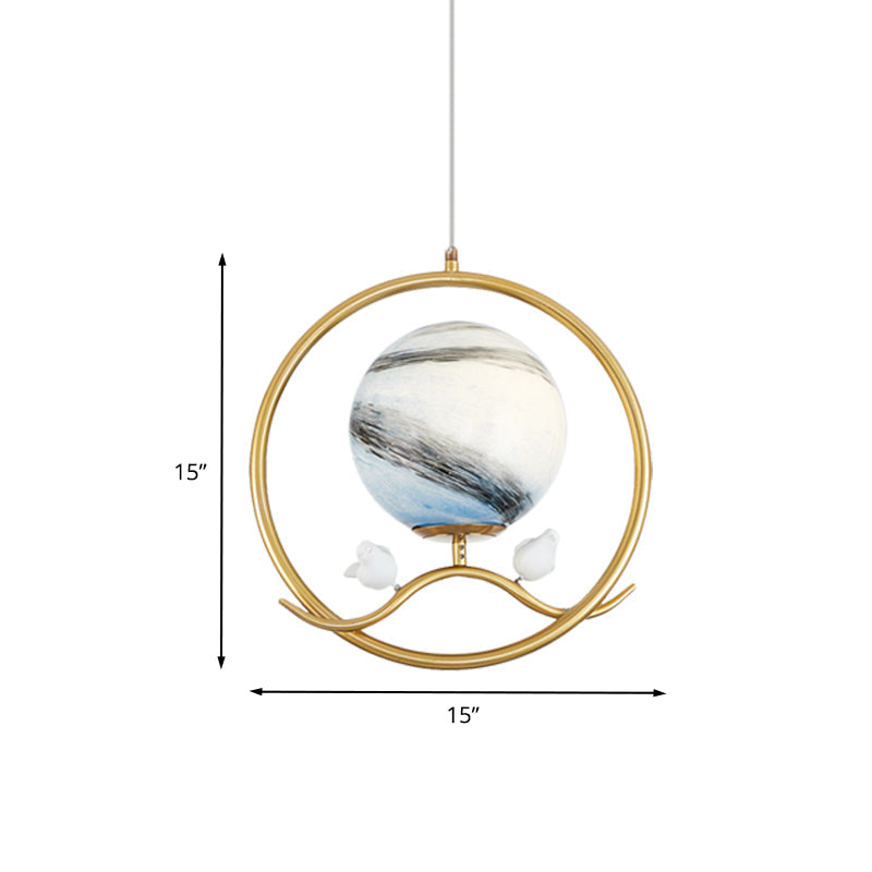 Post Modern Gold Hanging Lamp with Planet Glass Shade and Bird Deco Pendant