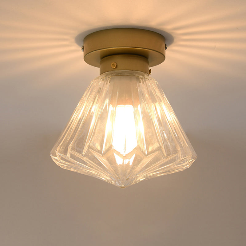 Modern Brass Flush Ceiling Light with Ribbed Glass - 1 Bulb Kitchen Lamp