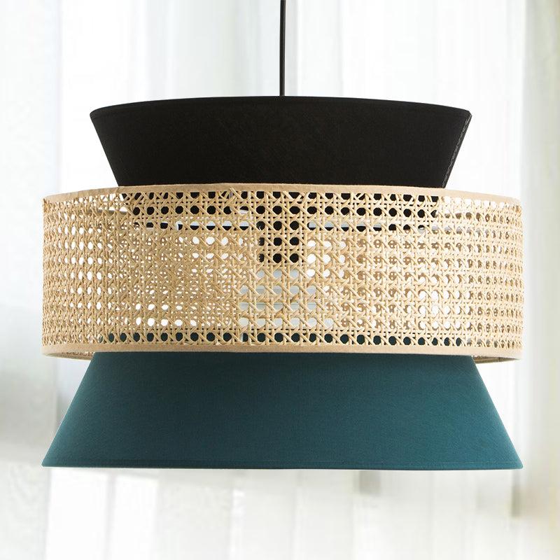 Modern Black and Blue Hourglass Pendant Light with Rattan Detail for Restaurant Ceilings