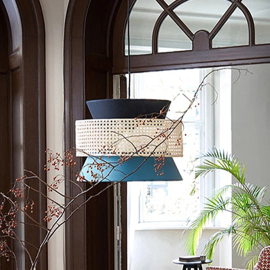 Modern Black and Blue Hourglass Pendant Light with Rattan Detail for Restaurant Ceilings