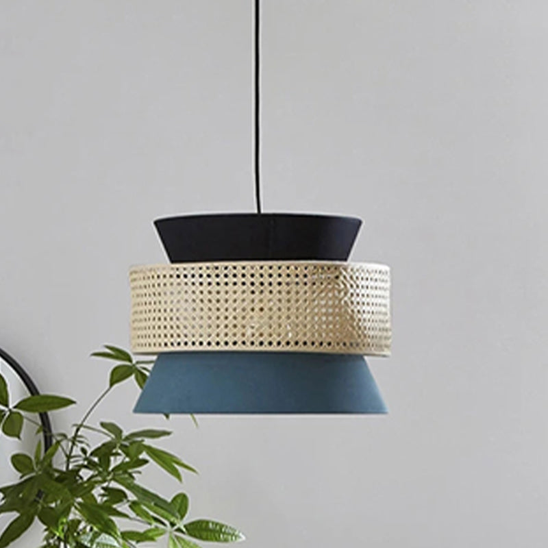 Modern Black and Blue Hourglass Pendant Light with Rattan Detail for Restaurant Ceilings