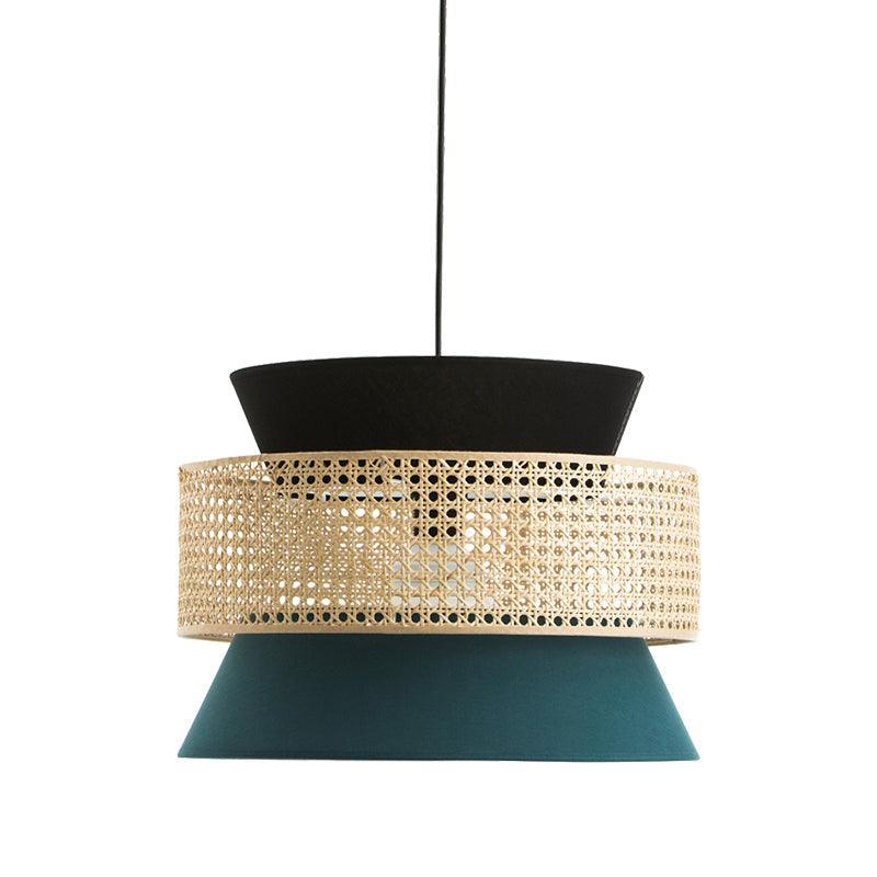 Modern Black and Blue Hourglass Pendant Light with Rattan Detail for Restaurant Ceilings