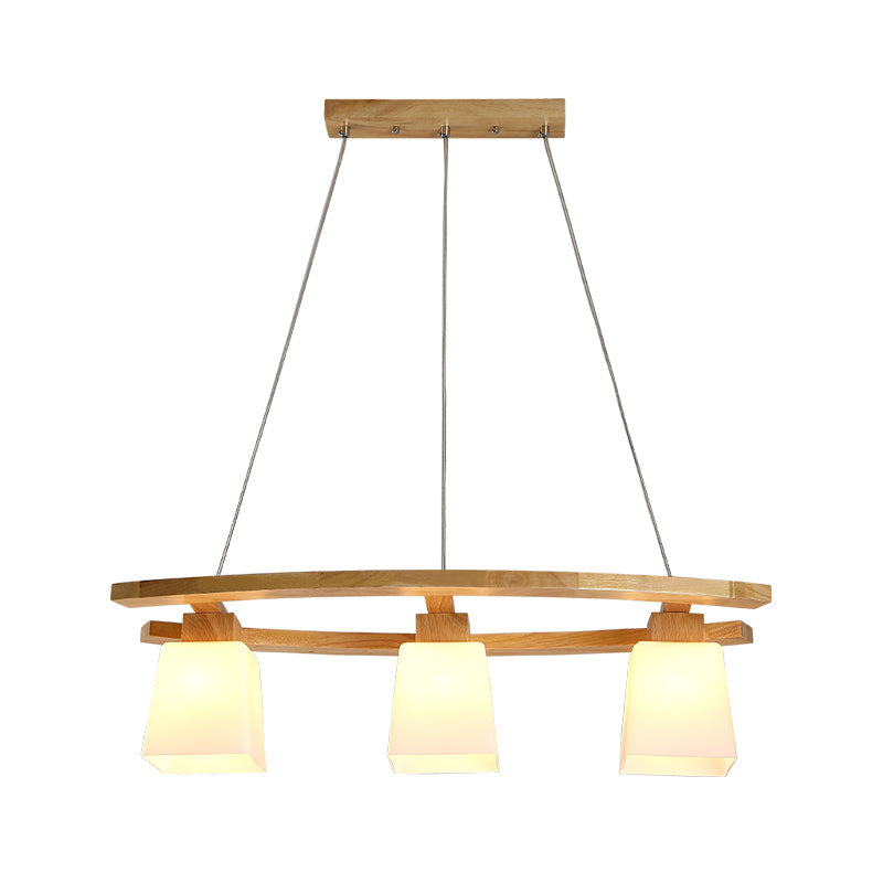 Minimalist White Glass Trapezoid Cluster Pendant with 3 Bulbs - Wood Suspension Lighting for Kitchen