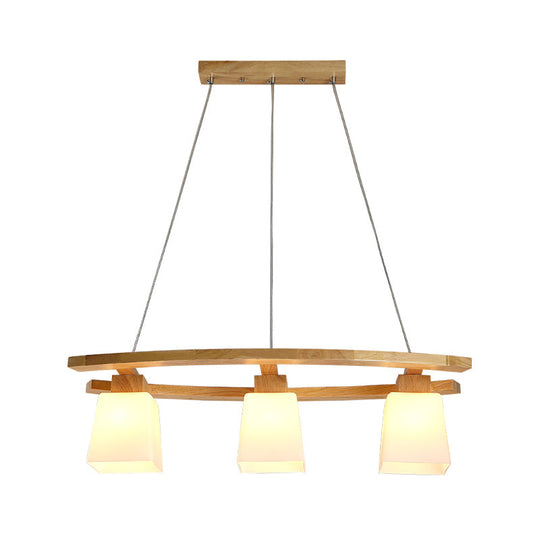 Minimalist White Glass Trapezoid Cluster Pendant with 3 Bulbs - Wood Suspension Lighting for Kitchen