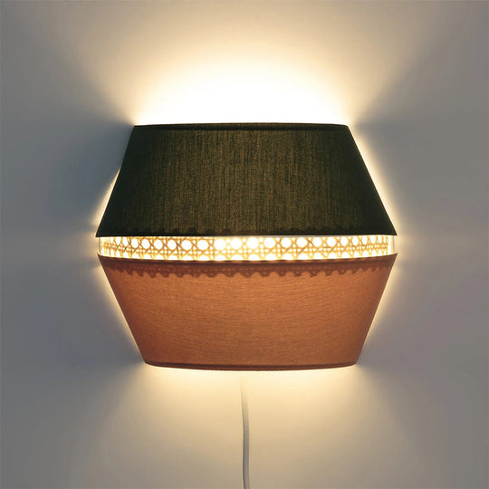 Minimalist Green and Pink Cutout Sconce with Rattan Detail - Wall Mounted Light for Bedroom