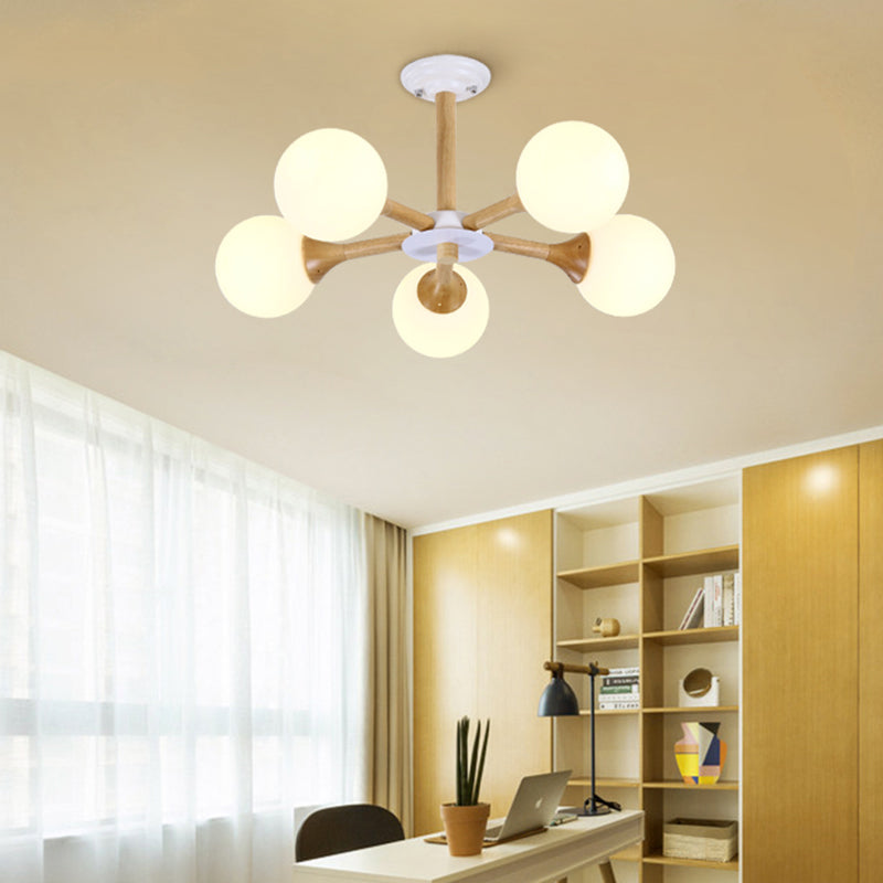 Modern 5-Bulb Wood Pendant Chandelier for Kid's Bedroom, White Glass Orb Shade