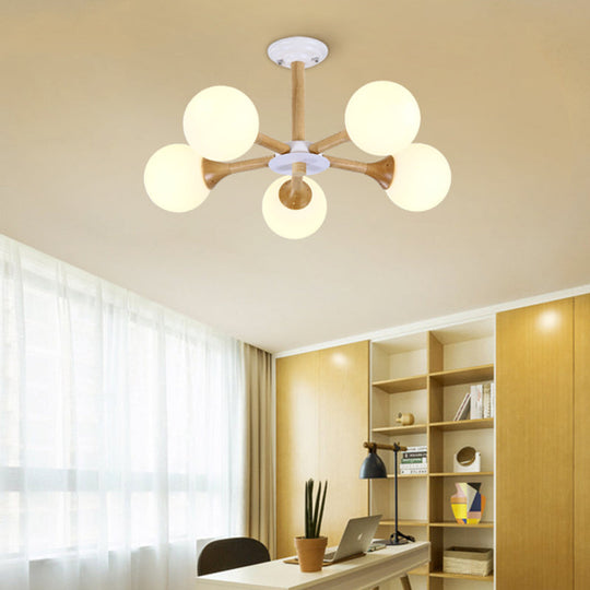 Modern 5-Bulb Wood Pendant Chandelier for Kid's Bedroom, White Glass Orb Shade