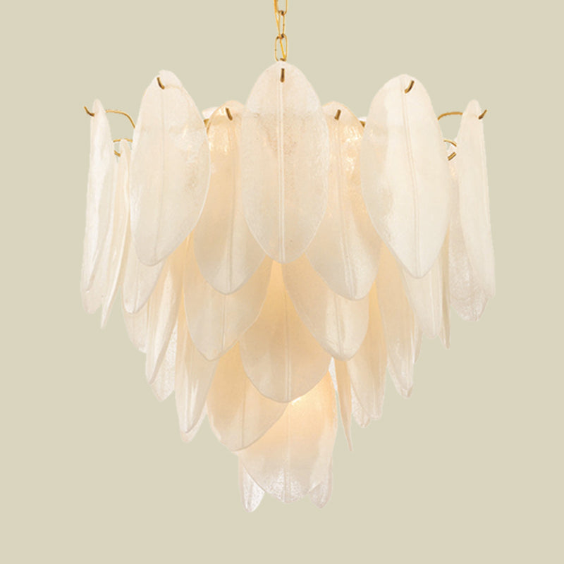 Contemporary White Textured Glass Leaf Pendant Chandelier - Gold Finish, 6 Bulb, Bedroom Suspension Light