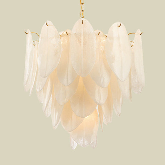Contemporary White Textured Glass Leaf Pendant Chandelier - Gold Finish, 6 Bulb, Bedroom Suspension Light