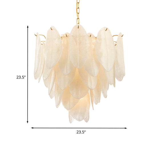 Contemporary White Textured Glass Leaf Pendant Chandelier - Gold Finish, 6 Bulb, Bedroom Suspension Light