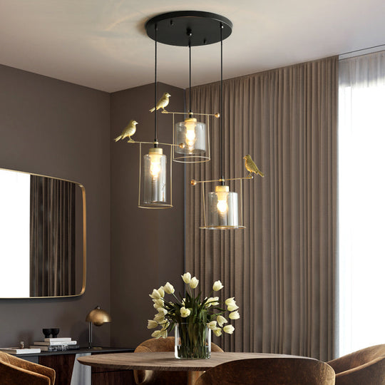 Cylinder Cluster Pendant Dining Room Lamp - Cream/Smoke Gray Glass, Modernism Design with Gold Bird Deco (3 Bulbs)
