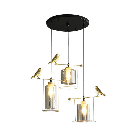 Cylinder Cluster Pendant Dining Room Lamp - Cream/Smoke Gray Glass, Modernism Design with Gold Bird Deco (3 Bulbs)