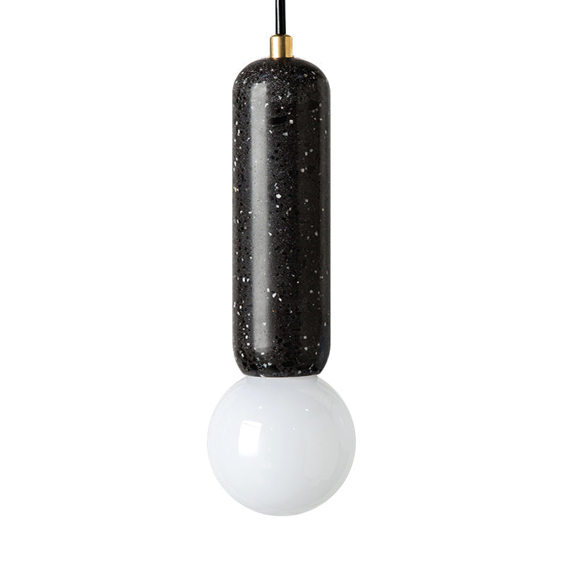 Minimalist Marble Capsule Pendant - Bedside Mini Hanging Lamp with Opal Glass Shade (White/Black)