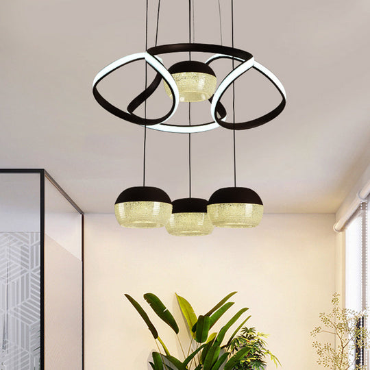 Minimalist Acrylic Oval LED Pendant Lamp with 4 Hanging Lights, Twisting Shelf, and Black Ceiling Mount