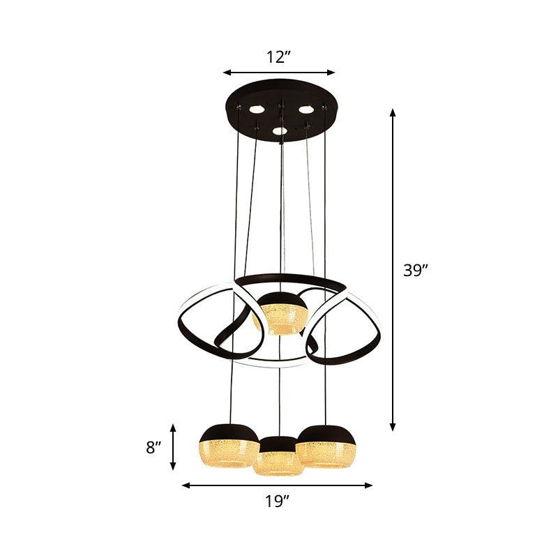 Minimalist Acrylic Oval LED Pendant Lamp with 4 Hanging Lights, Twisting Shelf, and Black Ceiling Mount