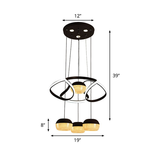 Minimalist Acrylic Oval LED Pendant Lamp with 4 Hanging Lights, Twisting Shelf, and Black Ceiling Mount