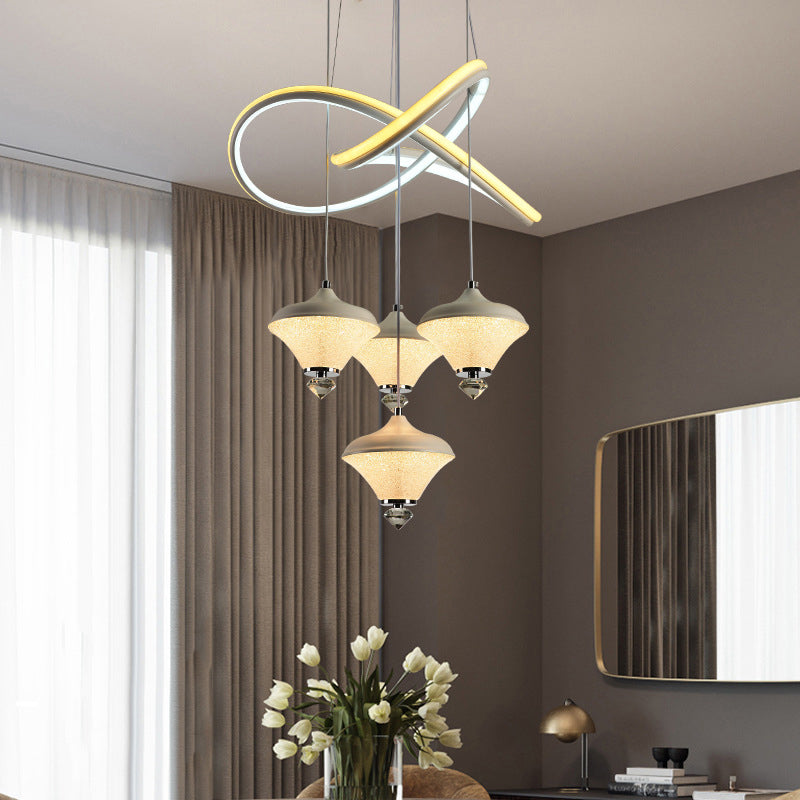Modern LED Hanging Pendant Lamp with 4 Acrylic Heads and Strip Shelf - White, Ideal for Dining Room